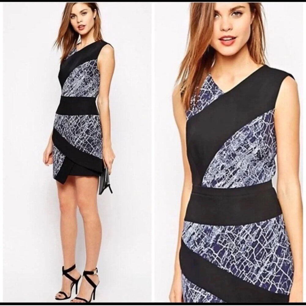 BCBGMaxAzria 'Dalia" Blue and Black Asymmetrical Sheath Dress, Size 4 - Picture 2 of 16